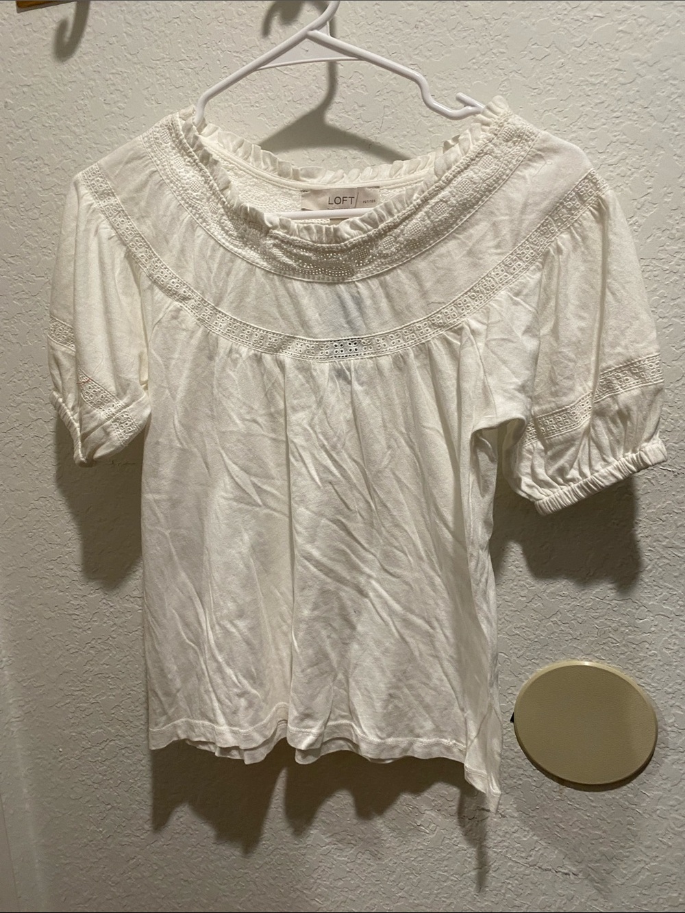 LOFT Cream Lace Yoke Short Sleeve Peasant Top